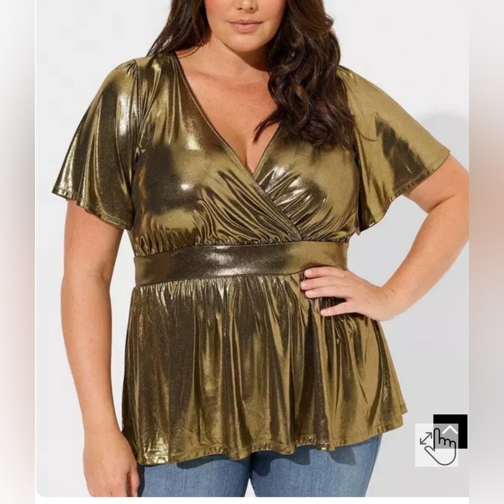 NWT Torrid 2 Gold Liquid Shine Knit Surplice Peplum Dressy Top, Size 2X 18 20
